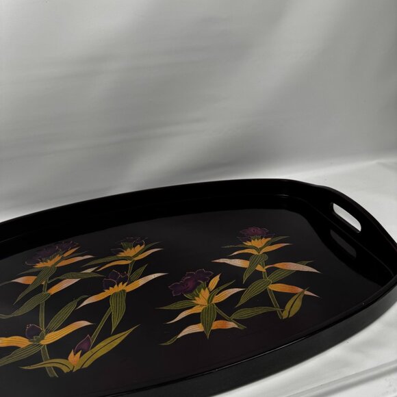 Vtg Toyo Japan Lacquer Ware 19x12" Black Floral Serving Tray Handles Round READ - Picture 9 of 14